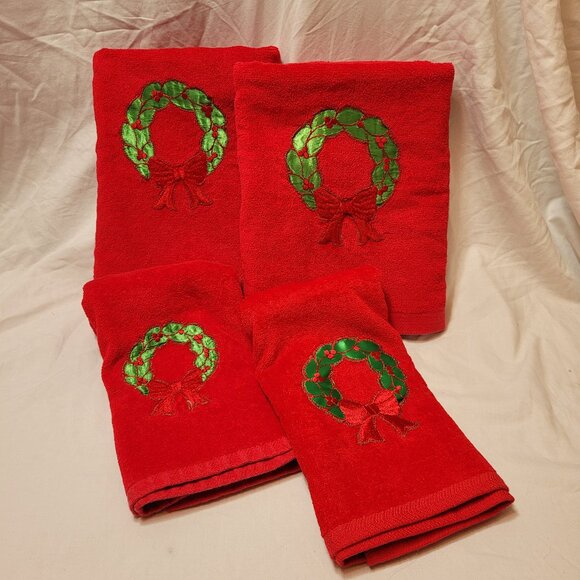 Christmas Holiday Towels Vintage Cotton USA Embroidered Applique Joy Wreath 4Set - Picture 9 of 9